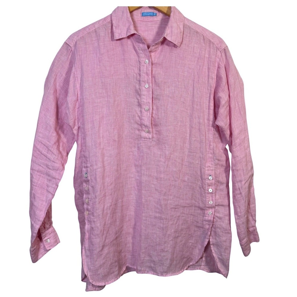J‎ McLaughlin Tunic Top XS Relaxed Fit Pink Striped 100% Linen Long Sleeve